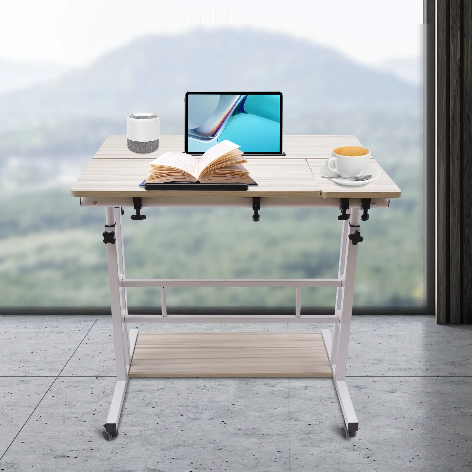 OUKANING Mobile Stand Up Desk Adjustable Laptop Desk Home Computer Table Office Table Laptop Cart With Wheels White