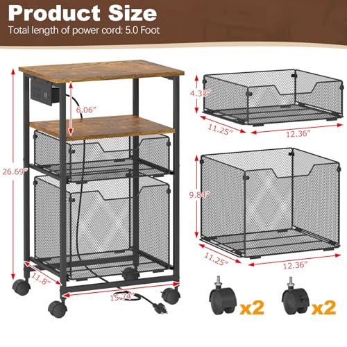 4-Tier Rolling File Cart with Open Storage Shelf, 2 Drawer Mobile Filing Cabinet for Home Office, Hanging File Organizer Beside Under Desk with Locking Wheels, Printer Stand Storage Cart, Rustic Brown