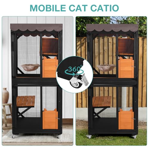 Catio Outdoor Cat Enclosure,Cat House with Wheels,Upgraded cat Scratching Post，Resting Box,Waterproof Roof for Patio Garden (Grey, 31.5