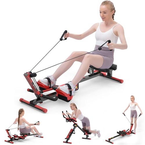 Rowing Machine, 4 in 1 Rowing and Ab Machine with 2 Levels of Workout Resistance, Quiet & Foldable Rower Machine with 3 Adjustable Handle Heights & LCD Monitor, Row Machine for Home Exercise