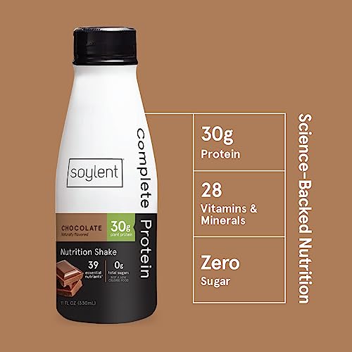 Soylent Complete Protein Shake, Chocolate, 30g Protein, Vegan, Dairy Free and 0g Sugar, Ready to Drink Protein Drinks, 11oz (12 Pack)