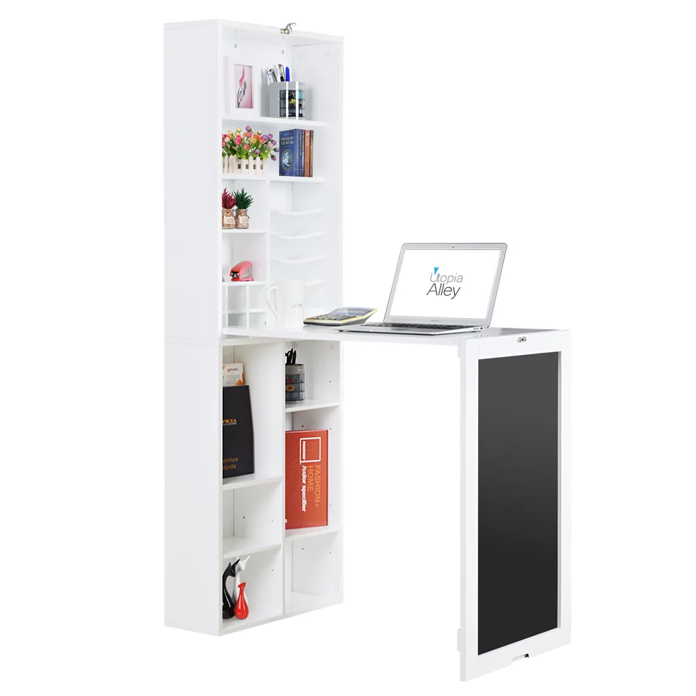 Utopia Alley SH3WW Collapsible Fold Down Desk Table & Wall Cabinet with Chalkboard & Bottom Shelf, White