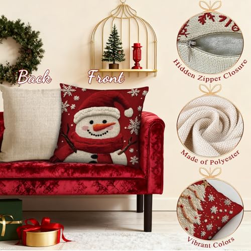 PICKFORU Christmas Throw Pillow Covers 18X18 Set of 4, Christmas Tree Snowman Jingle Bells Snowflake Winter Holiday，Xmas Decorative Pillow Cushion Cases，Outdoor Living Room Pillow Covers