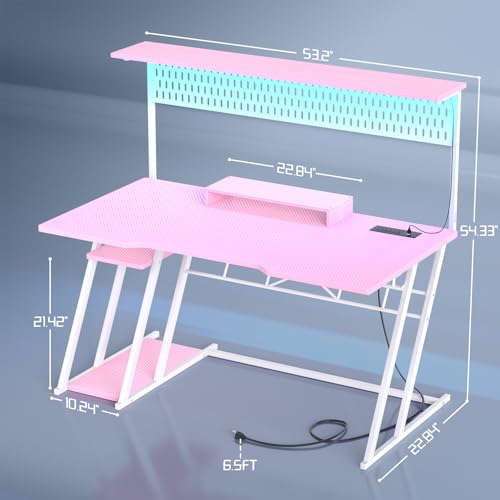 Armocity Gaming Computer Desk with Shelves and Outlets, Gaming Desk with Hutch and LED Lights, Reversible PC Gaming Desks with Pegboard, Carbon Fiber Black 47''