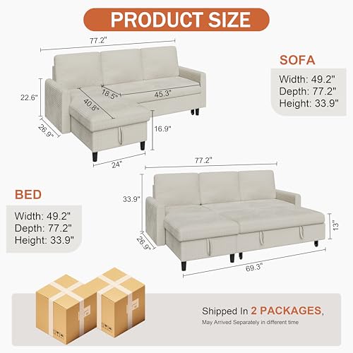Vongrasig Convertible Sleeper Sofa, Pull Out Couch with Storage, 77