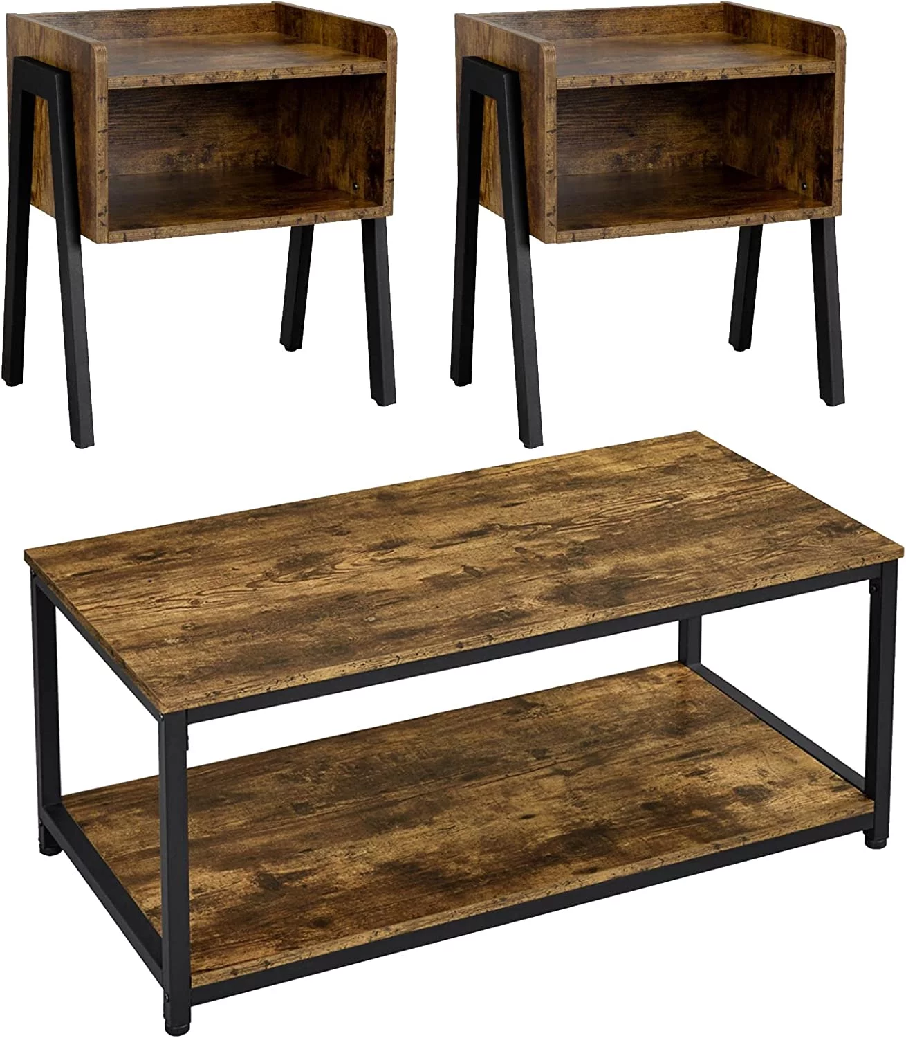 Industrial Living Room 3-Piece Table Sets - Includes Coffee Table & Two End Sofa Side Tables, Wood Home Accent Furniture, Easy Assembly, Rustic Brown
