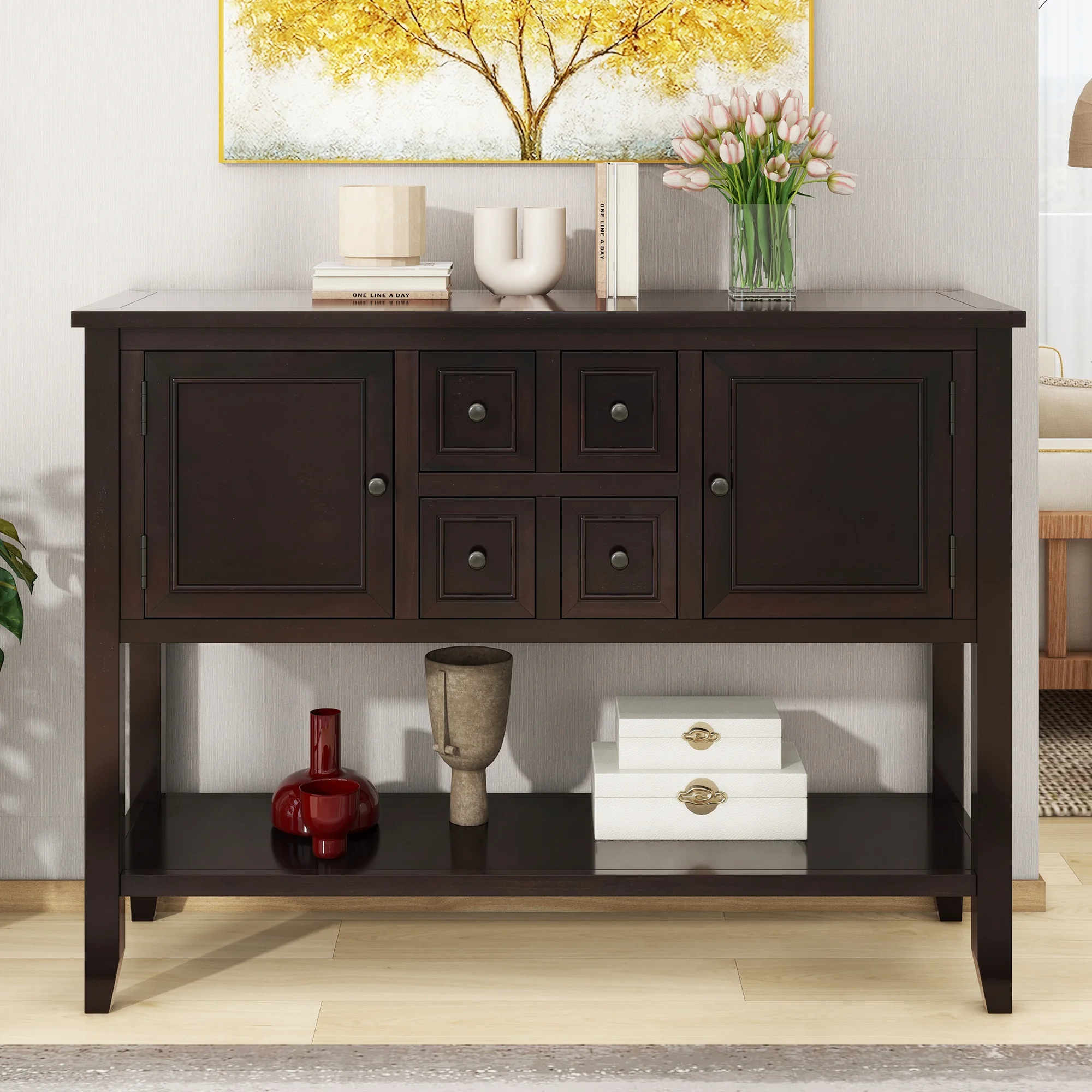 TREXM Cambridge Series Ample Storage Vintage Console Table with Four Small Drawers and Bottom Shelf for Living Rooms, Entrances and Kitchens (Espresso, OLD SKU: WF190263AAP)