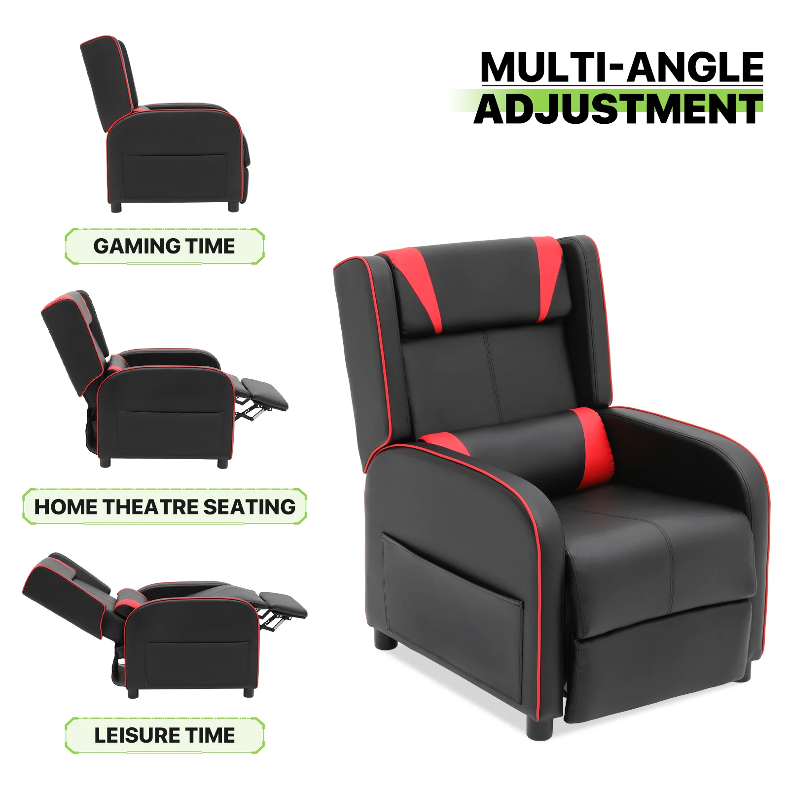Magshion Gaming Massage Recliner Chair, Racing Style Game Lounge Chair with Footrest, Remote Control and Side Pocket, PU Leather Home Theater Seating, Red