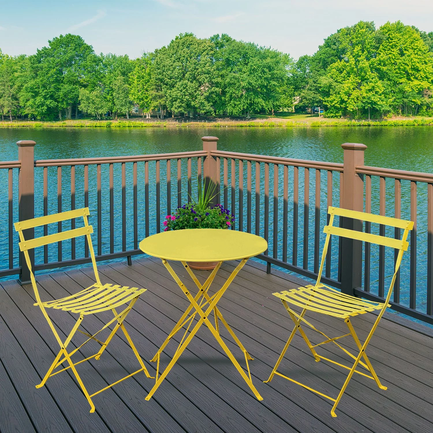 Yayle 3 Piece Bistro Folding Furniture Set – A Patio Round Shape Coffe Table With 2 Ideal Sitting Chairs - Yellow