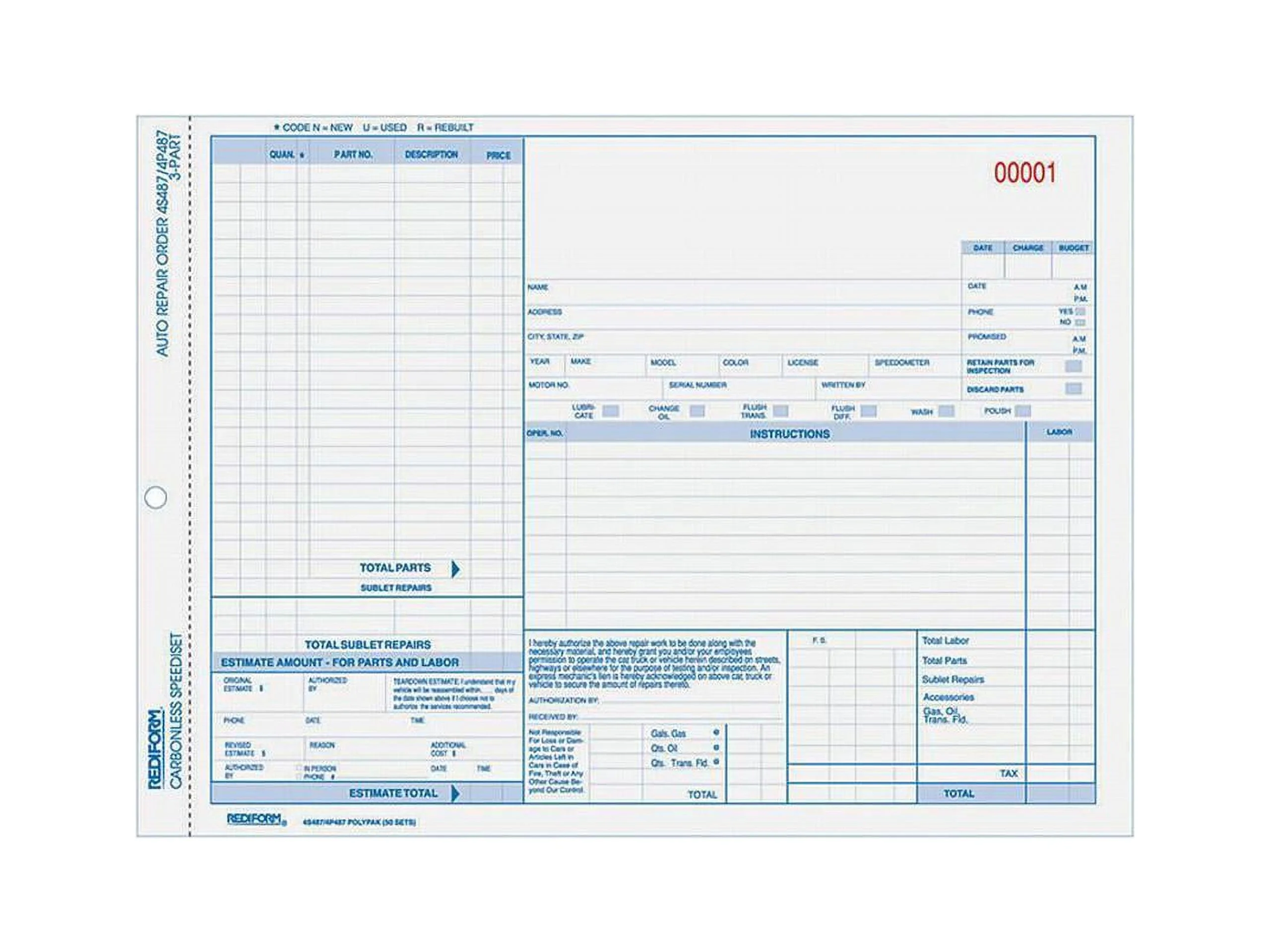 Rediform, RED4P487, 3-Part Auto Repair Order Forms, 50 / Pack