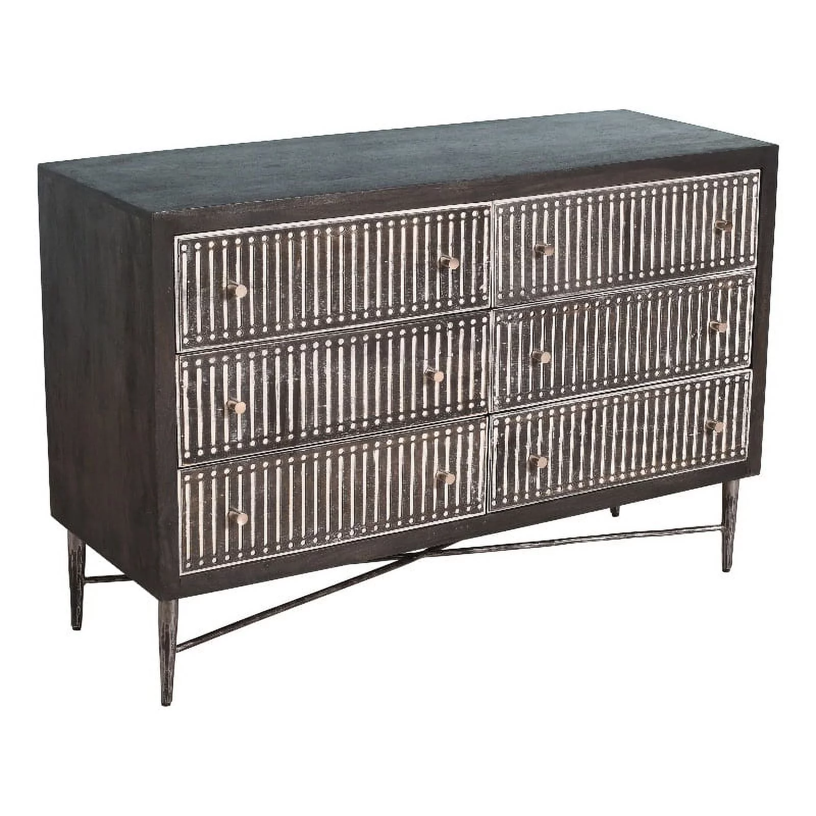 Sarah 6 Drawer Chest in Mango Solid Wood Antique Brown Finish on Forged Iron