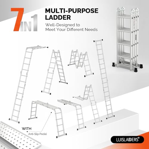 LUISLADDERS Folding Ladder Multi-Purpose Aluminium Extension 7 in 1 Step Heavy Duty Combination EN 131 Standard (12.5 Feet)