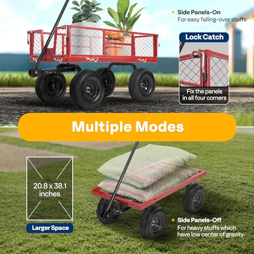 VIVOHOME Heavy Duty 880 Lbs Capacity Mesh Steel Garden Cart Folding Utility Wagon with Removable Sides and 4.10/3.50-4