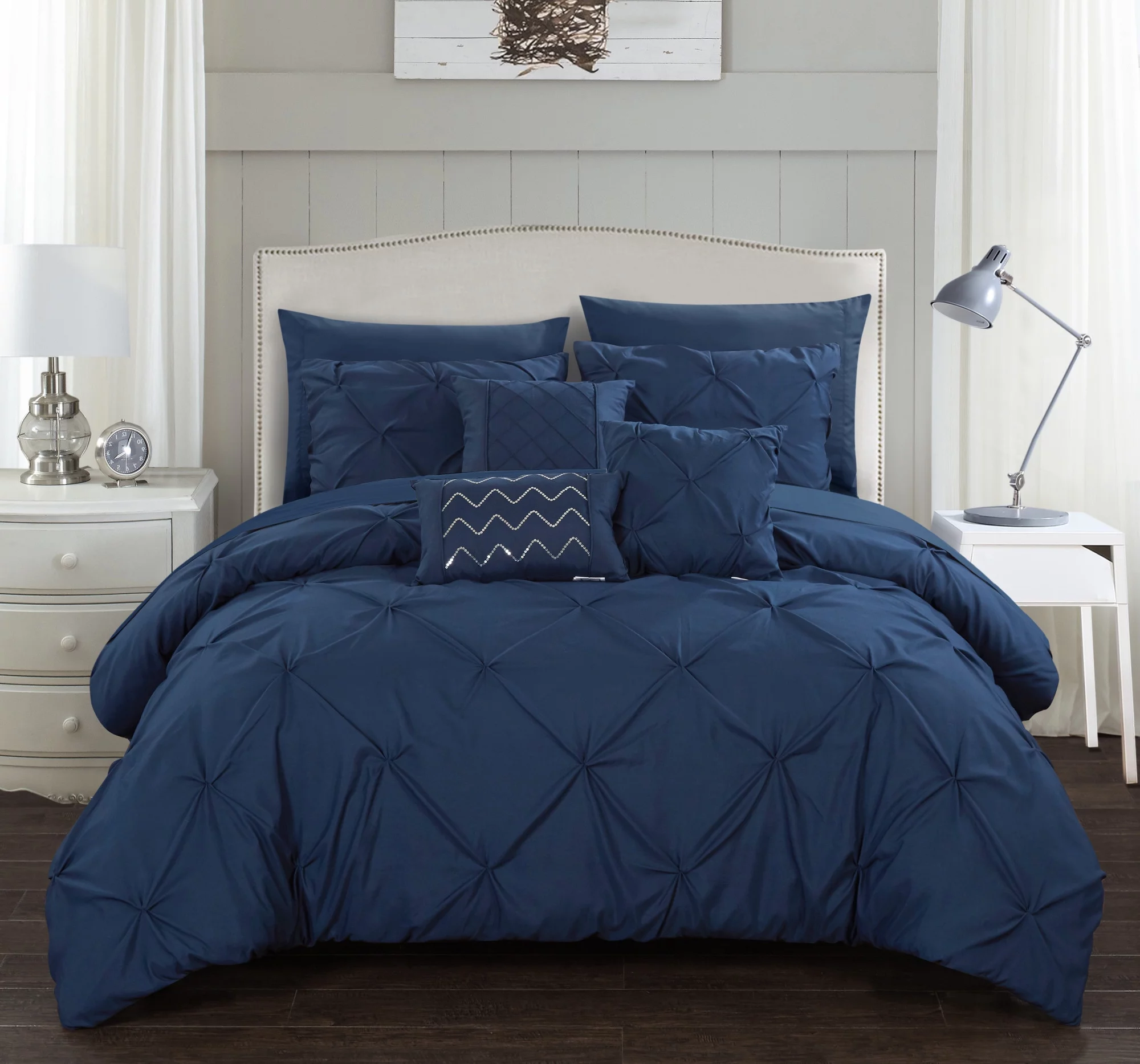 Chic Home Valentina 10-Piece Solid Color Comforter Set, King, Navy