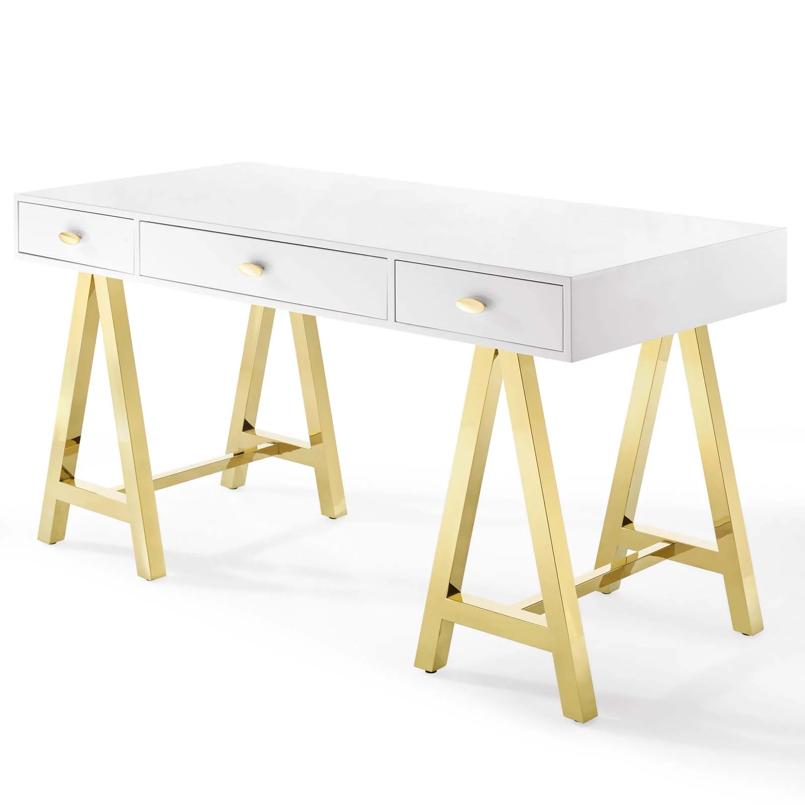 Computer Work Desk Entry Table, Wood, Metal Steel, Gold White, Modern Contemporary Urban Design, Home Business Office Furniture