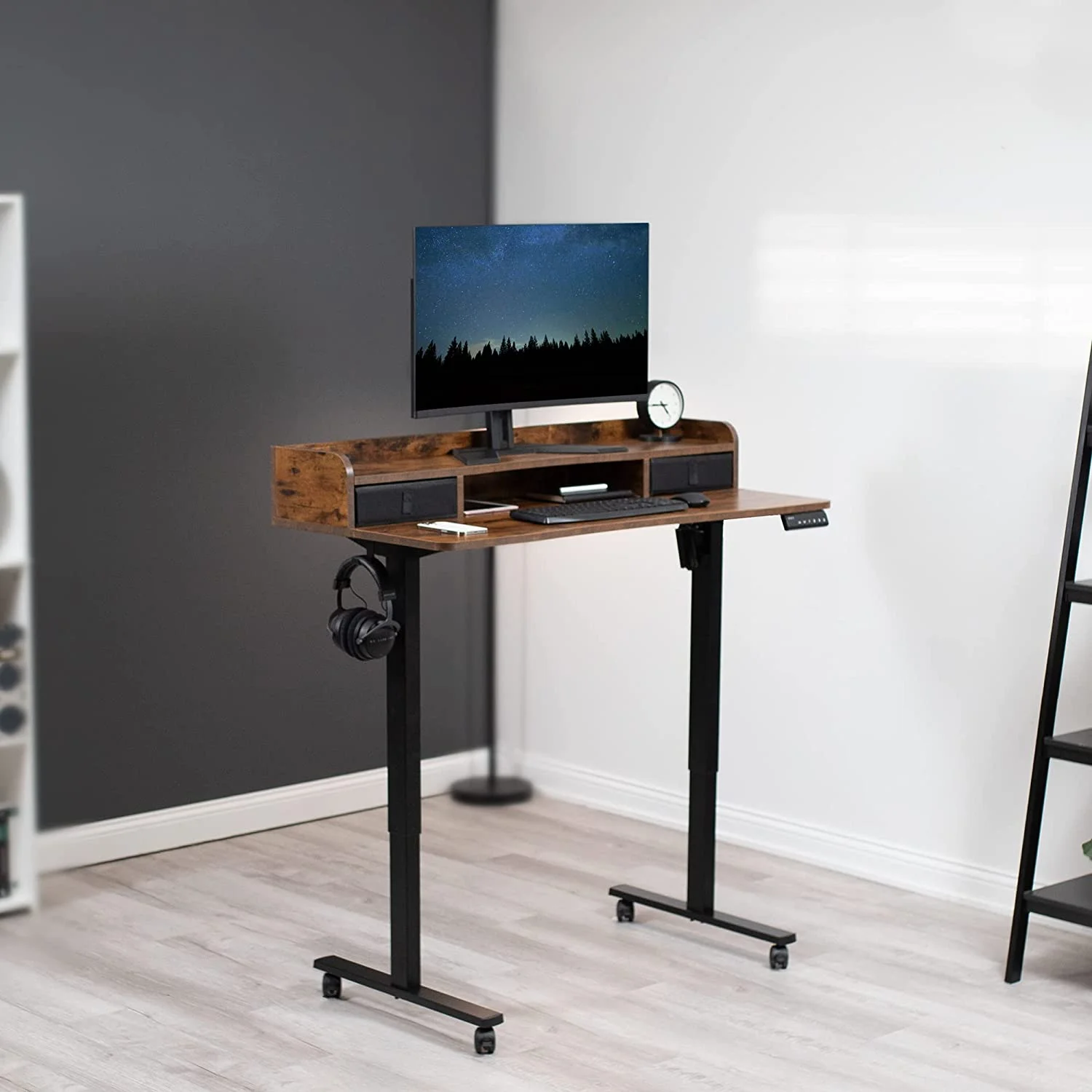 Electric 2-Tier Height Adjustable X 24 Inch Stand Up Desk, Mobile Standing Workstation With Storage Drawers, Memory Controller, Casters, Rustic Vintage Brown Top, Black Frame, DESK-E-YSN
