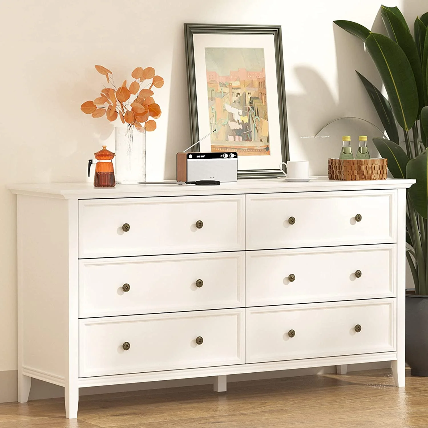 6 Drawer Double Dresser  55 inch Solid Wood Bedroom Dresser in White