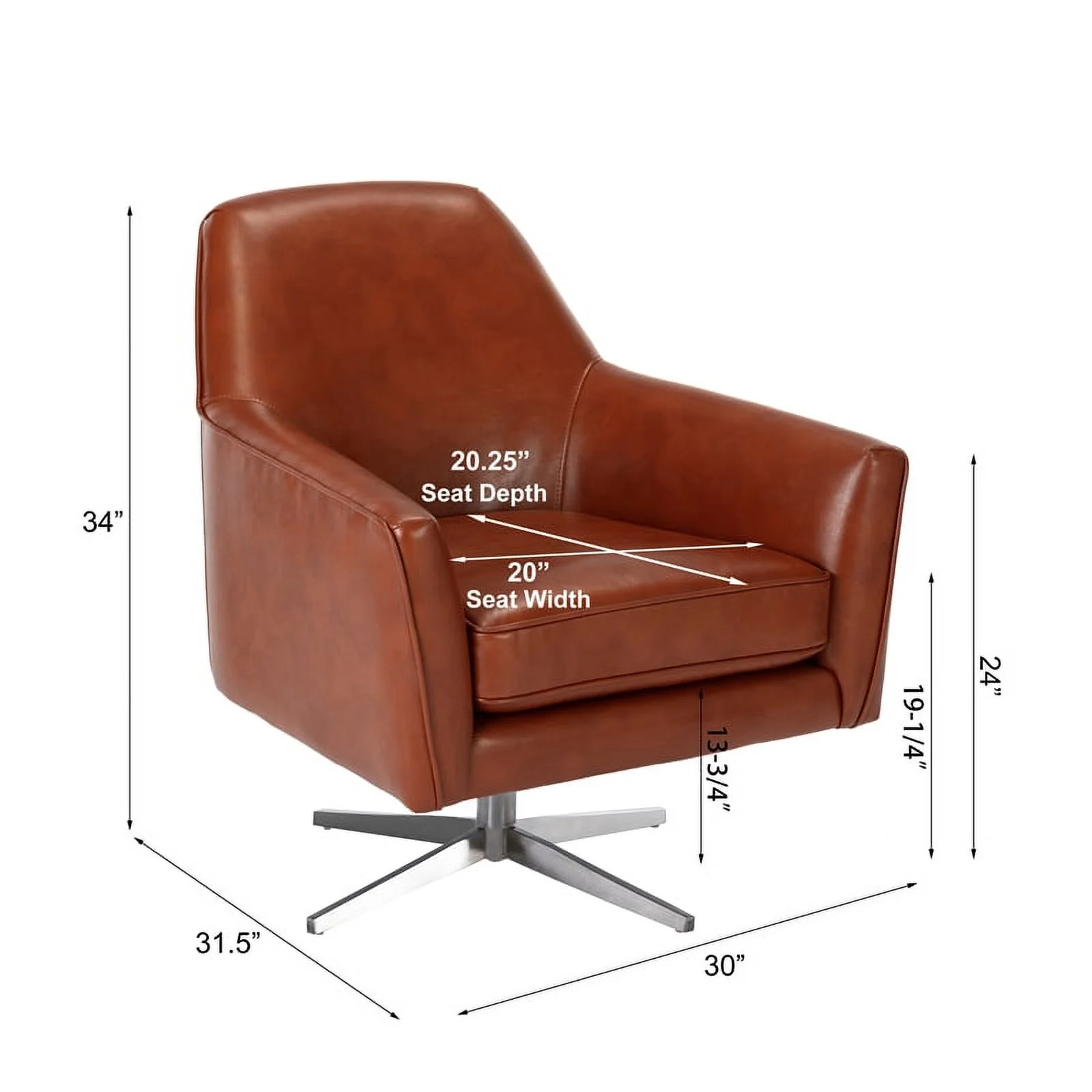Bowery Hill Mid-Century Faux Leather Swivel Armchair in Caramel Brown