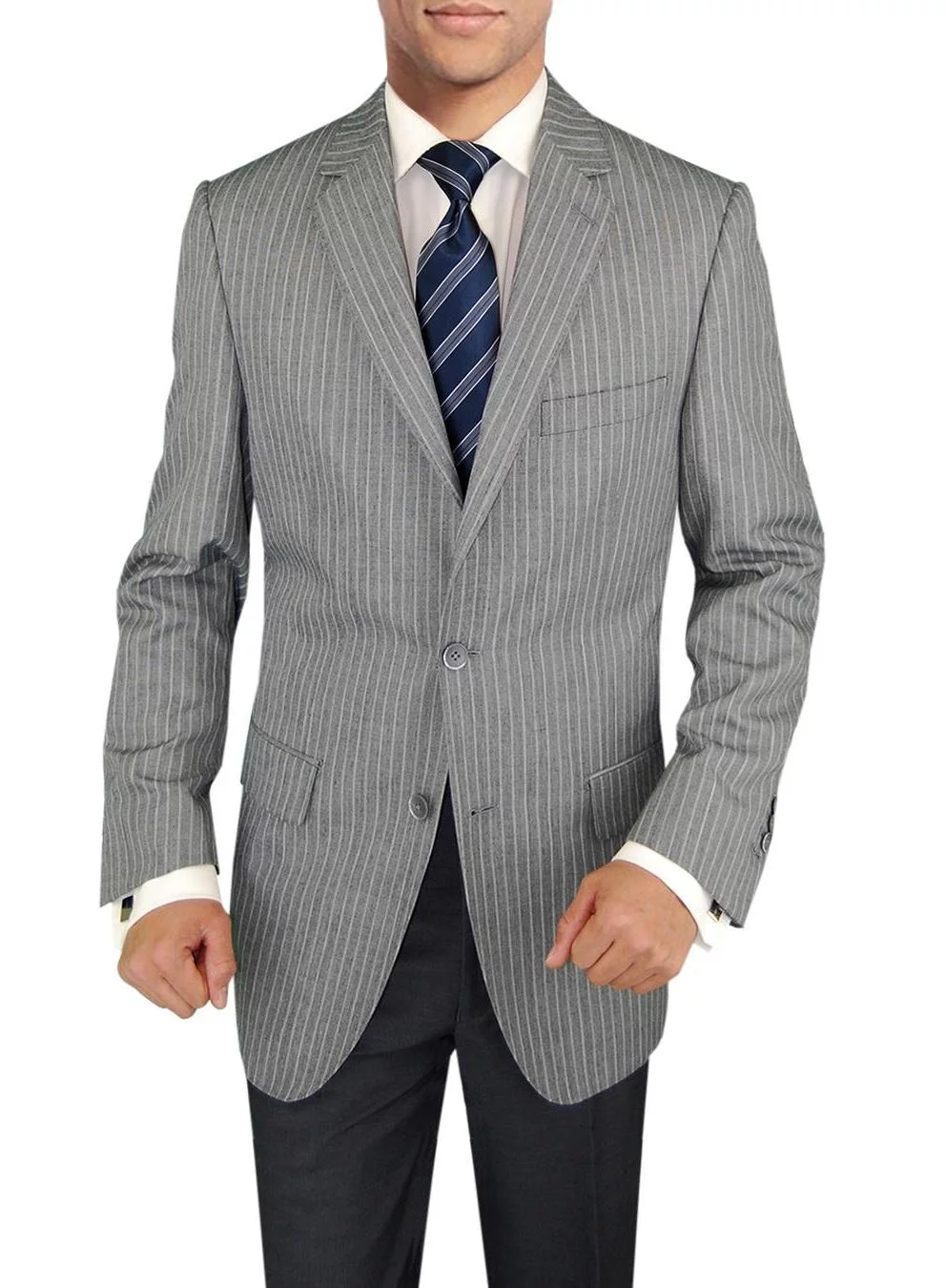 Mens Side-vent 3-piece Gray Stripe Wool Trim Fit Suit DTI