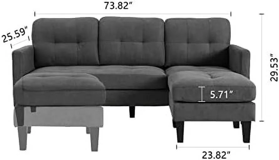 RUNFAYBIU Convertible Sectional Sofa Couch  L Shaped Couch with Reversible Chaise  3-Seat Sofa Sectional for Living Room and Small Space(Grey)