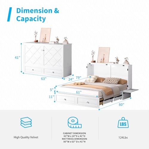 Mjkone Queen Murphy Bed Cabinet with Tri-Folding Mattress, Distressed Wooden 63