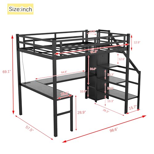 Full XL Size Loft Bed, Metal Bed Frame with L-Shaped Desk and Stairs, Space-Saving Frame with Adjustable Shelf and Wardrobe for Adults, 350 LBS Capacity, No Box Spring Needed, Black