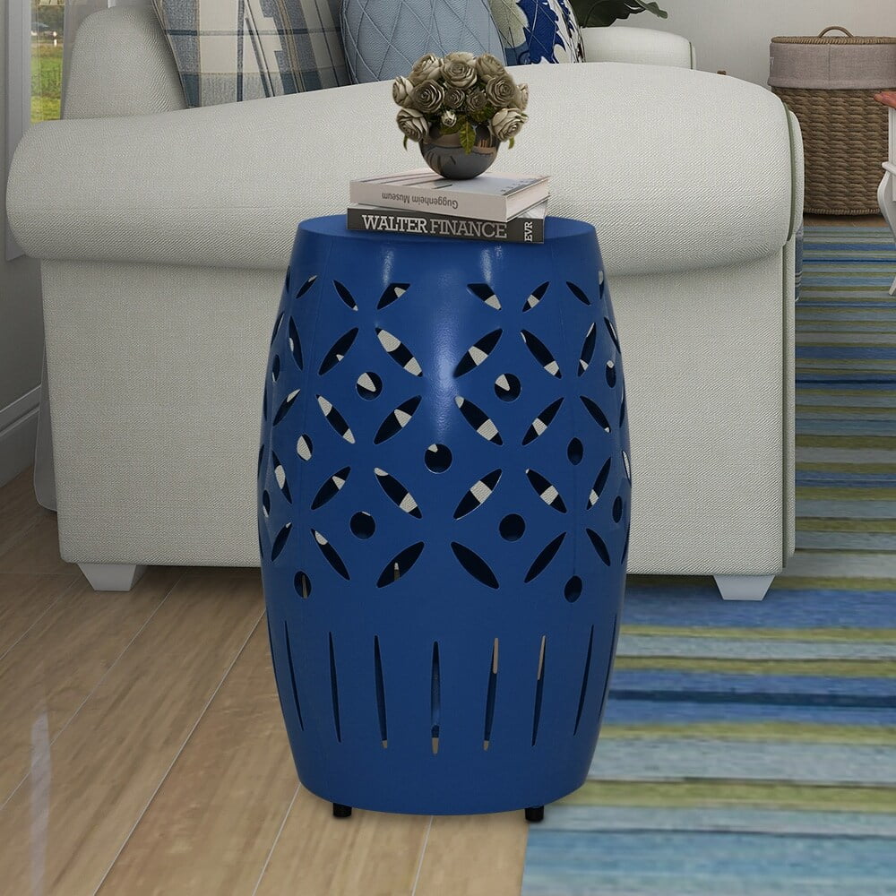 Maypex  18Inch H Geometric Cut Iron Drum End Table Drum Navy Weather Resistant