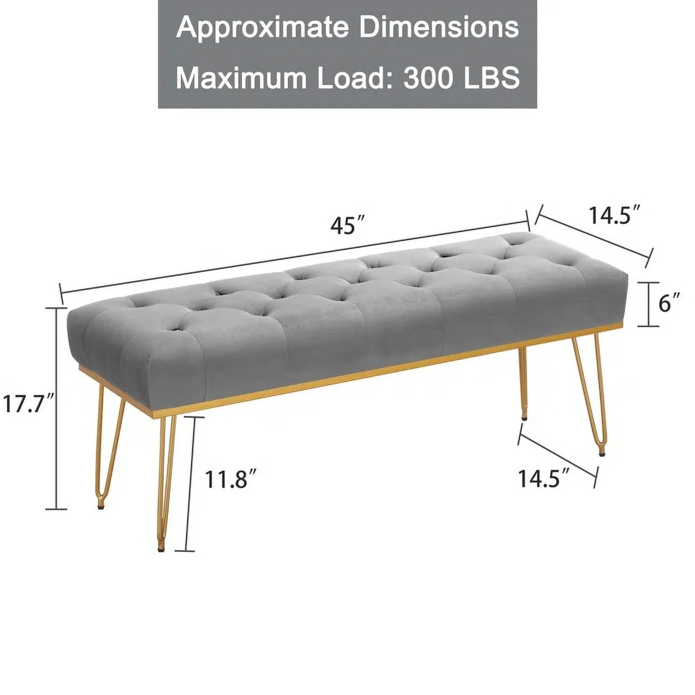 Rectangular Velvet Ottoman with Metal Base, Gray and Golden, Luxury Home Furniture