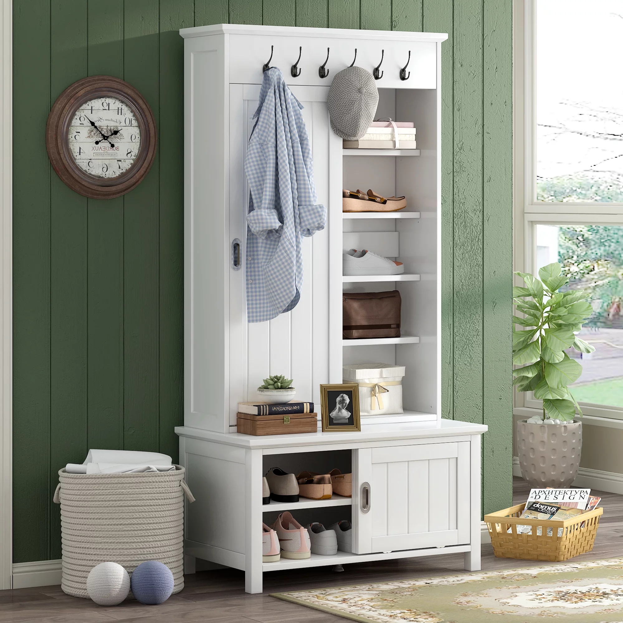 CoSoTower Multifunctional Hall Tree with Sliding Doors, Wooden Hallway Shoe Cabinet with Storage Bench and Shelves, Mudroom Coat Storage with Hanging Hooks for Entryways, White