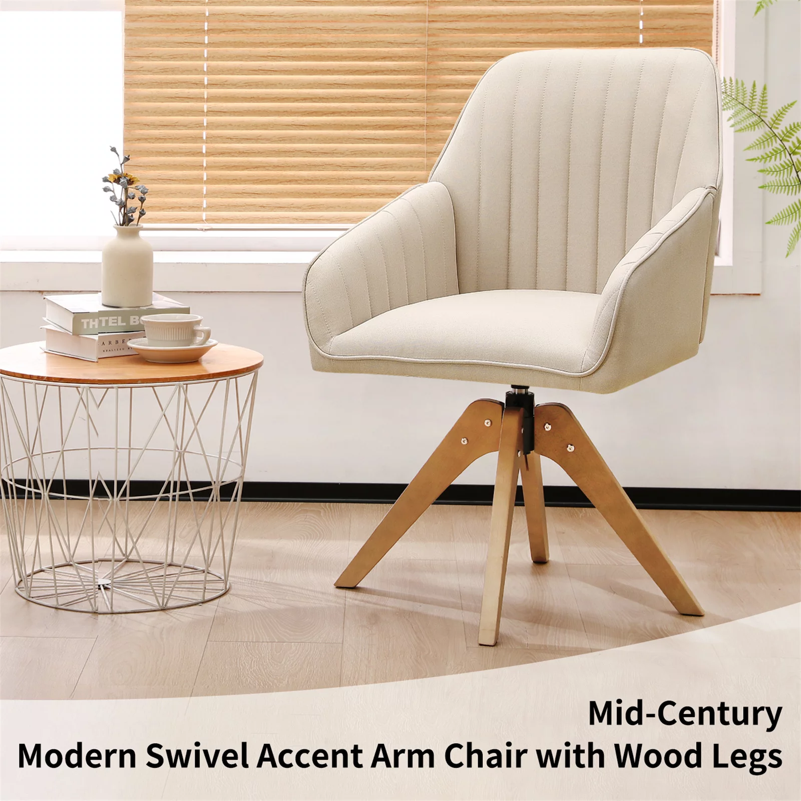 Mid Century Swivel Accent Chairs Modern Barrel Desk Chair Faux Linen,Beige