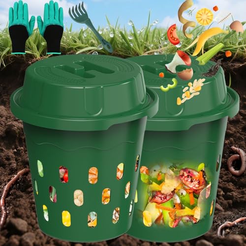 2-Pack Inground Worm Composter, 8L Outdoor Worm Farm, Worm Compost Bin for Garden Beds & Home Use, Vermicomposting Bin for Recycling Food Waste (9.5x9.5x10.8Inch), Green