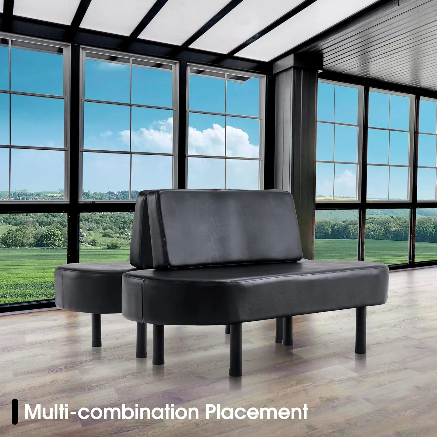 Waiting Room Chairs Reception Settee Bench, Leather Upholstered Dining Bench With Backrest, Office Salon Furniture W702 (Black)