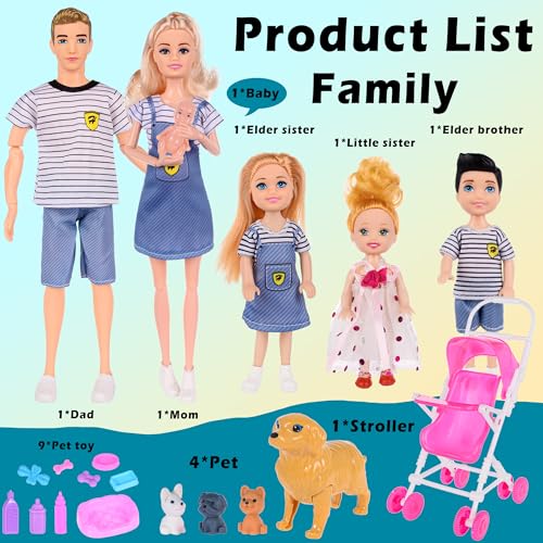 Dolls Family Playset with Baby Stroller Set- 6 People, Pets & Accessories for 3-12 Years Old | Toddler Gift with Pregnant Mom, Dad, 3 Kids, Dogs, and Interactive Play