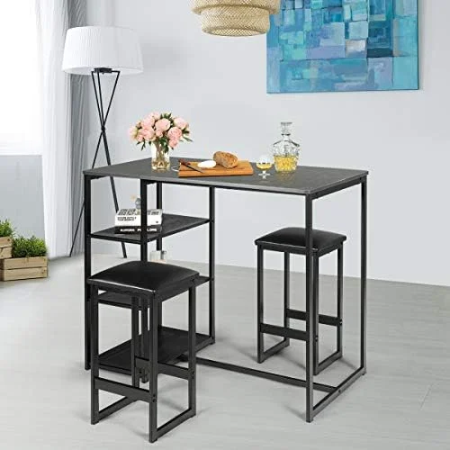 KHBIULIFE 3-Piece Dining Set  Compact 2 Chairs and Table Set  Kitchen Set with Rectangular Faux Marble  3 Metal  Shelves  Fashionable Simple Style  Kitchen Counter Height Table Set (Black