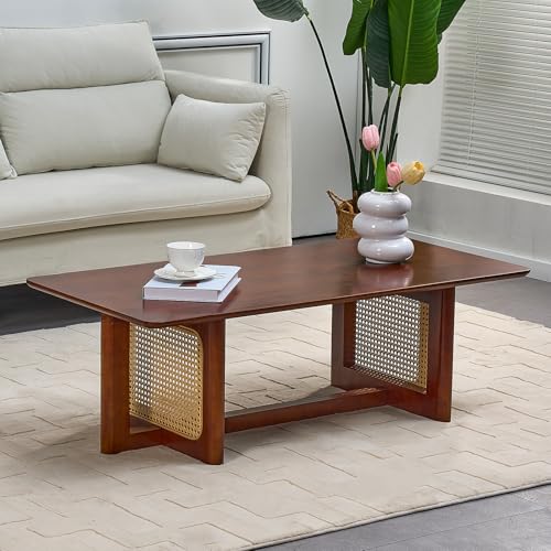 Rattan Coffee Table, 42.5 Inch Rectangular Solid Wood Table with PE Rattan Stand for Living Room
