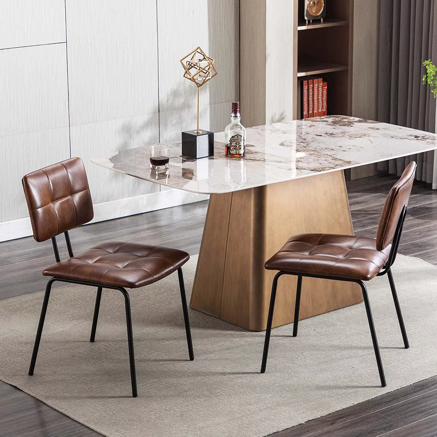 Duhome Faux Leather Dining Chairs Set of 2, Modern Upholstered Dining Room Chairs with Black Metal Legs, Brown