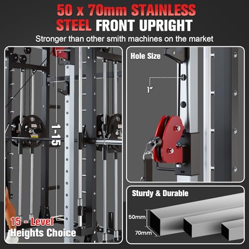 Smith Machine - 2200lbs Squat Rack Home Gym with LAT-Pull Down System & Cable Crossover Machine - Training Equipment with Leg Hold-Down Attachment