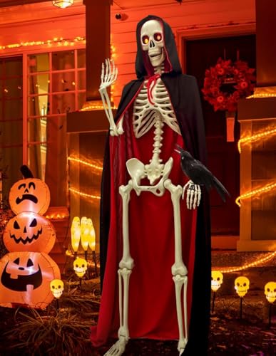 5.4FT Halloween Full Body Skeleton Decorations with Glowing Eyes, Life Size Skeleton with Movable Joints for Halloween Decorations Indoor/Outdoor Haunted Houses