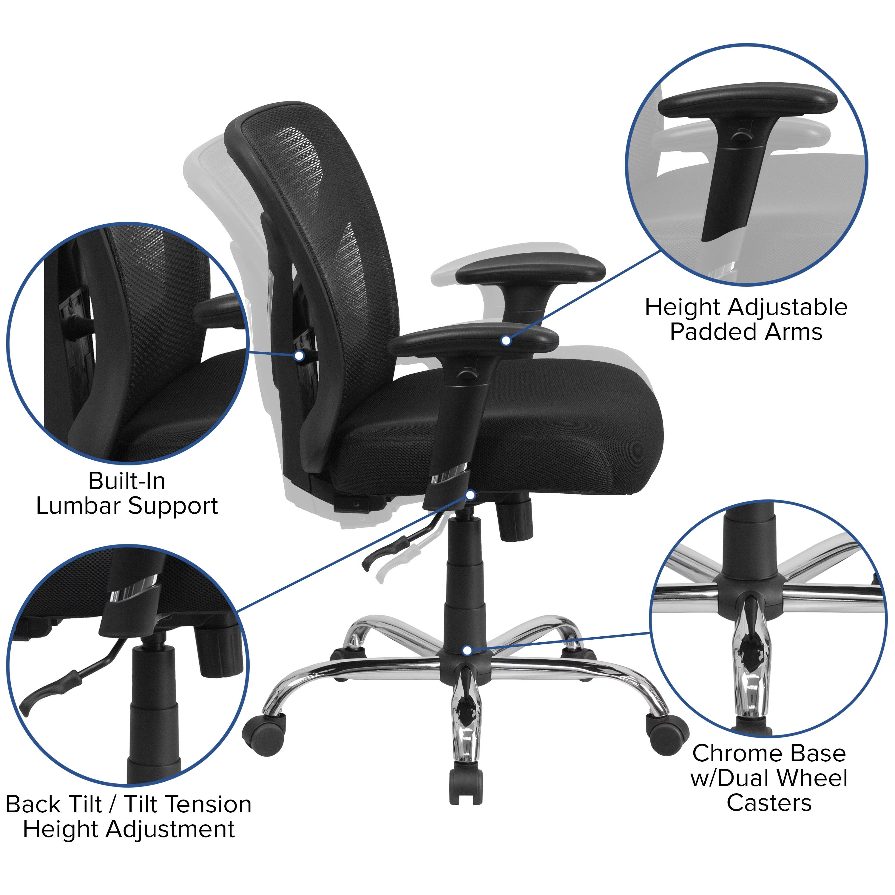 BizChair Big & Tall 400 lb. Rated Black Mesh Swivel Ergonomic Task Office Chair with Height Adjustable Back and Arms