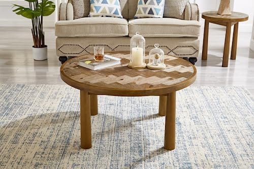 KHBIULIFE Living Room Central Round Table  Farmhouse Round Coffee Table  Round Wooden Rustic Natural Table with Thick Cylindrical Legs (Classic  35.43 X 35.43 X 18.31 in)