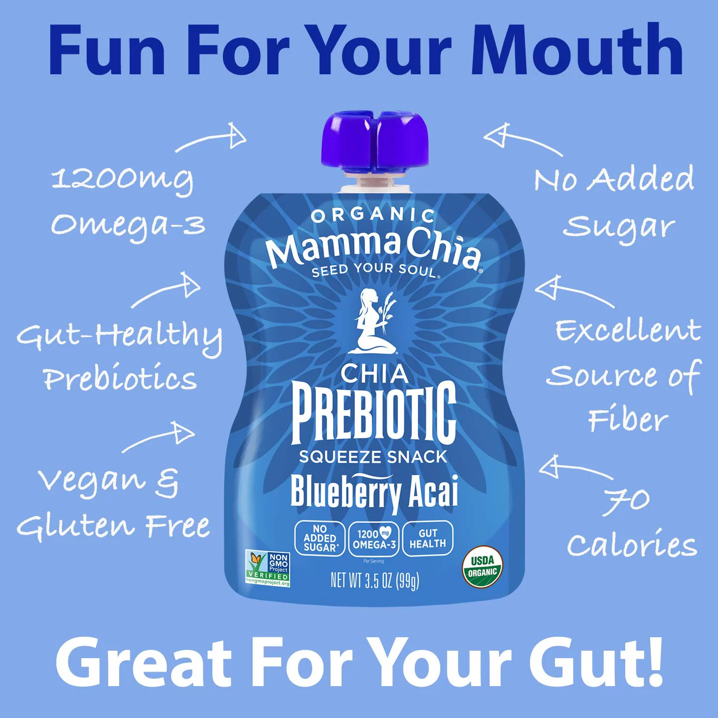 Mamma Chia, Organic Chia Prebiotic Squeeze, Blueberry Acai, 4 Squeezes, 3.5 oz Pack of 2