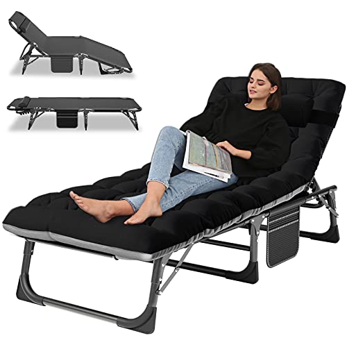 Portable Folding Camping Cot, Adjustable 4-Position Adults Reclining Chaise with Pillow, Outdoor Lounge Chair Sleeping Cots Bed, Perfect for Camping, Pool, Beach, Patio