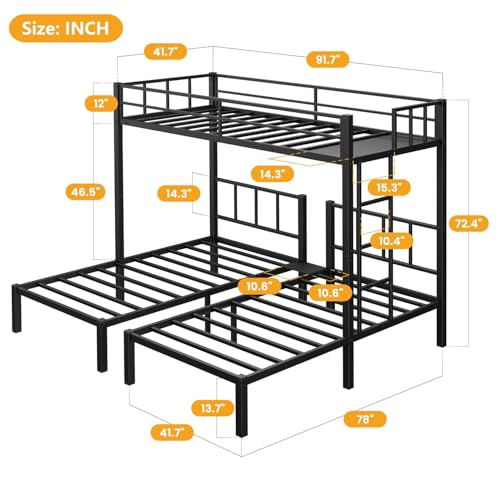 Heavy Duty Triple Bunk Bed, Twin Over Twin Over Twin with Guardrails and Ladder, Metal Bunk Bed for 3, 3 Bed Teens and Adults, No Box Spring Needed, Black