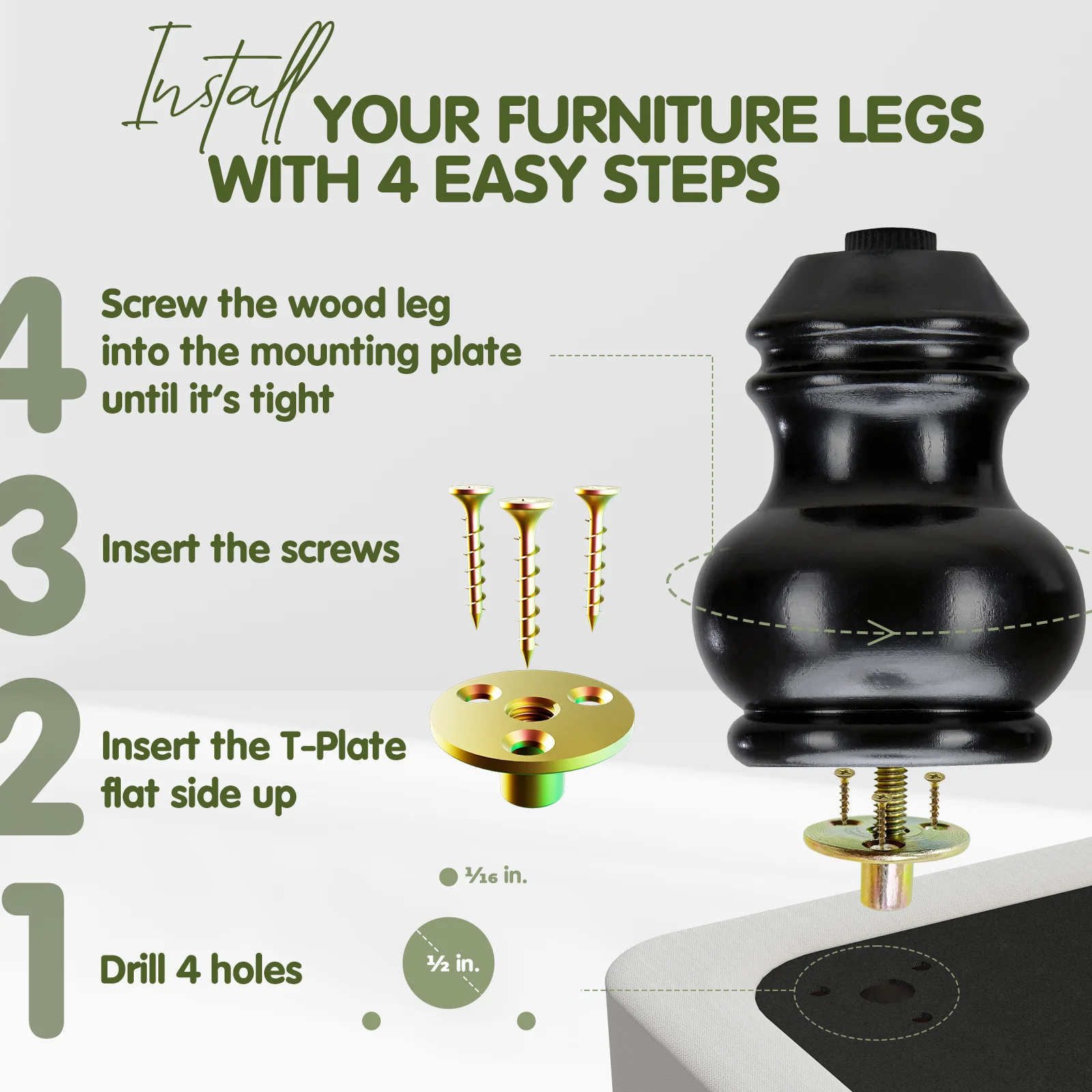 Yes4All 4Pcs of 4 Inches Turned Concave Solid Wood Furniture Legs with Adjustable Leveler