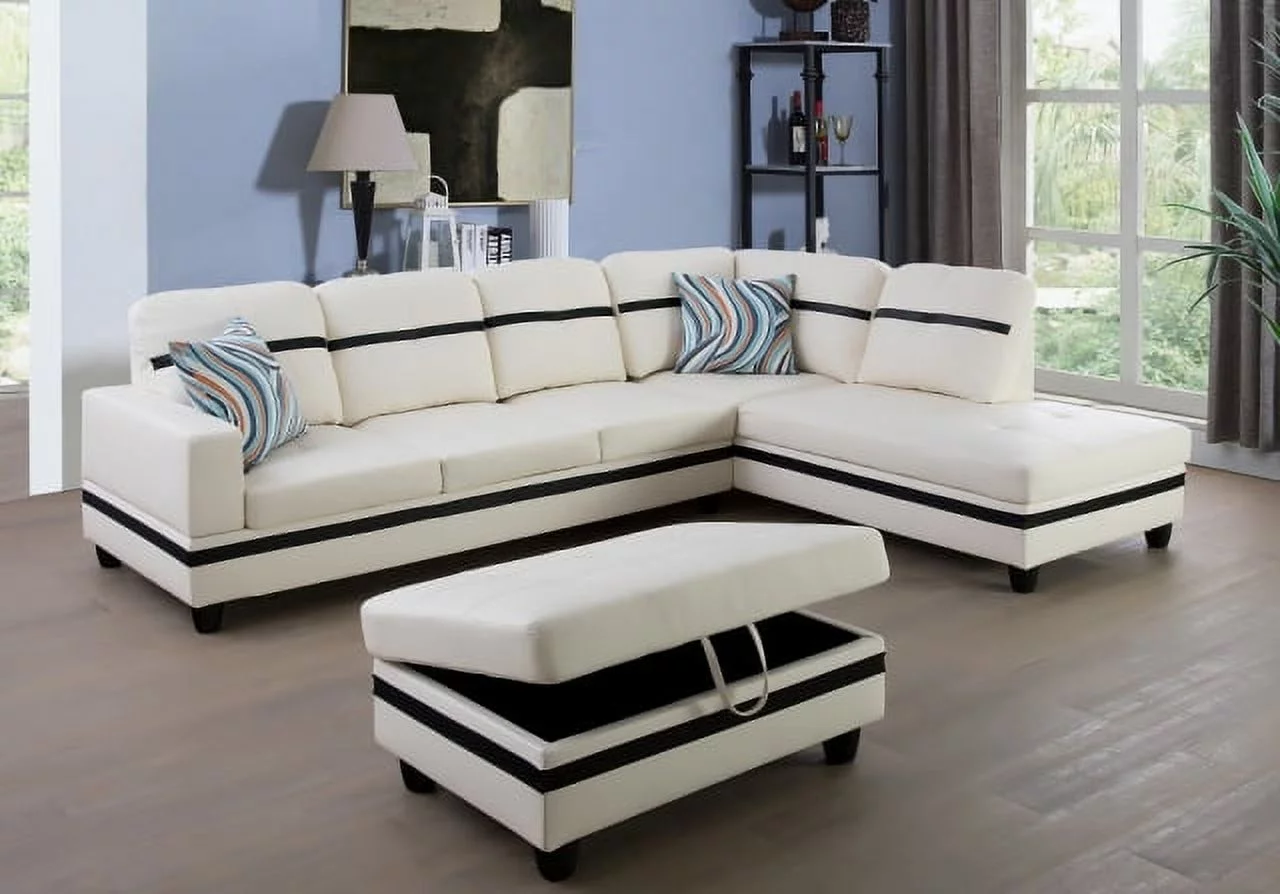 PonLiving Furniture Faux Leather 3 Piece White & Black Right Hand Facing Sectional Sofa Couch Set, L-Shaped Modern Sofa with Chaise Storage Ottoman and Pillows for Living Room Furniture