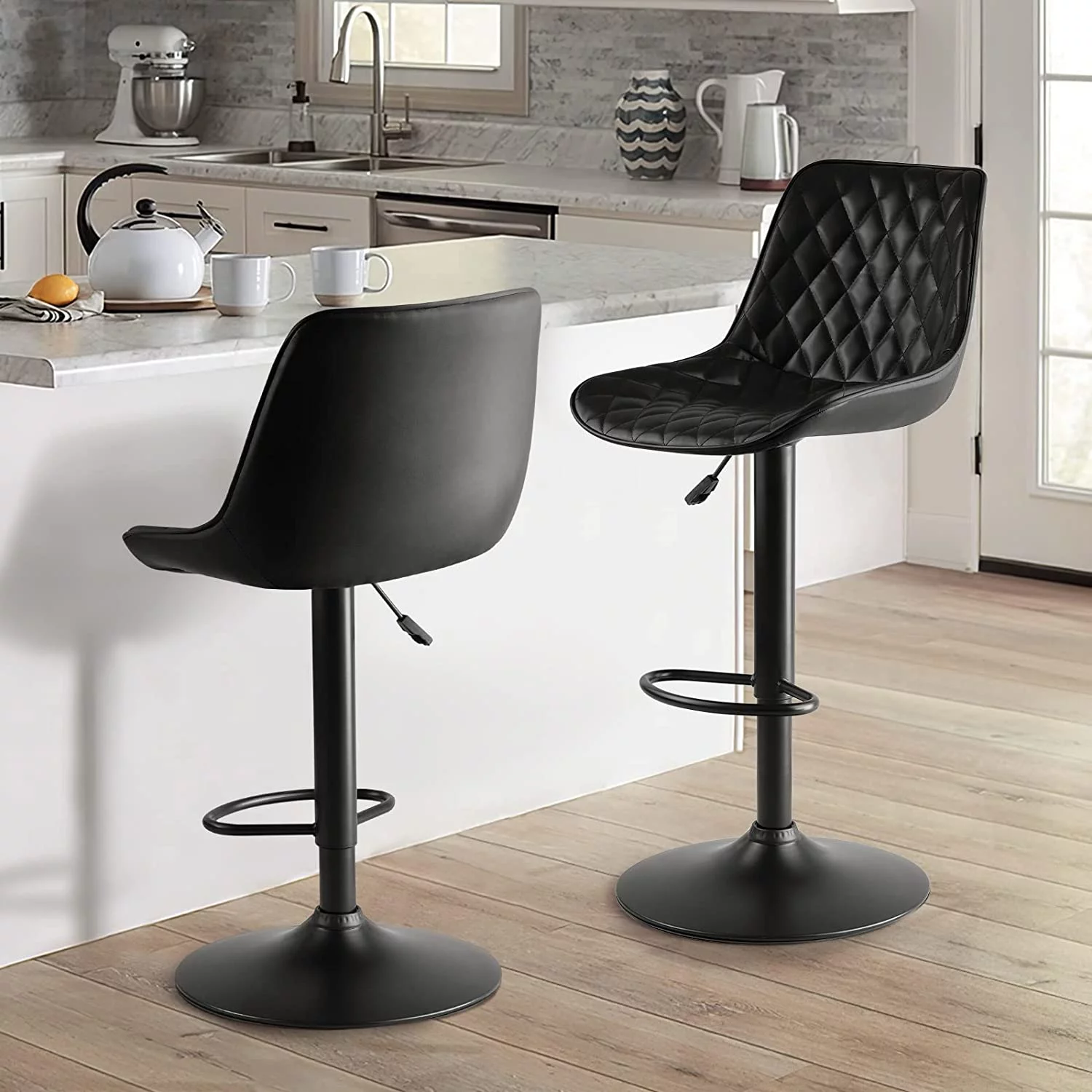 Waleaf Upholstered Bar Stools Set of 2, Adjustable Counter Height Leather Dining Bar Stools with Back