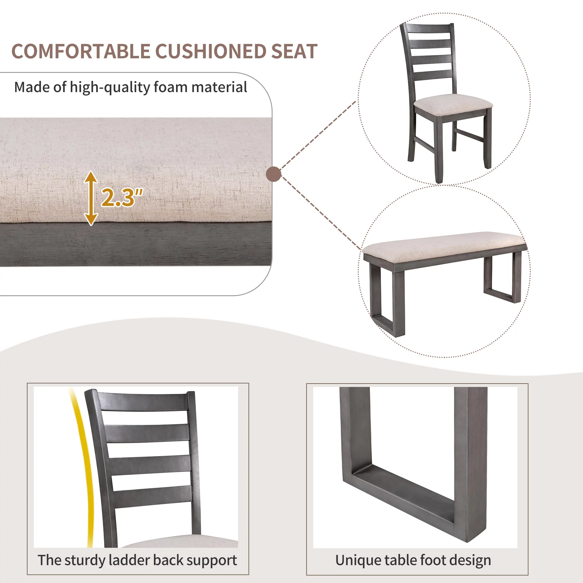 CoSoTower 6-Pieces Family Furniture, Solid Wood Dining Room Set With Rectangular Table & 4 Chairs With Bench, Gray