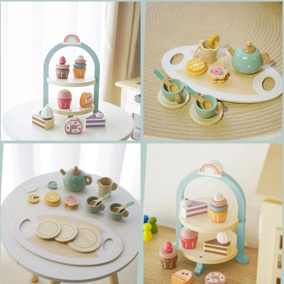 Tea Party Set for Little Girls,  Wooden Tea Set with Cake Stand, Food Pretend Play Accessories Kids Kitchen Playset Wooden Toys for 2 3 4 5 6 Year Old Girl Birthday Gift