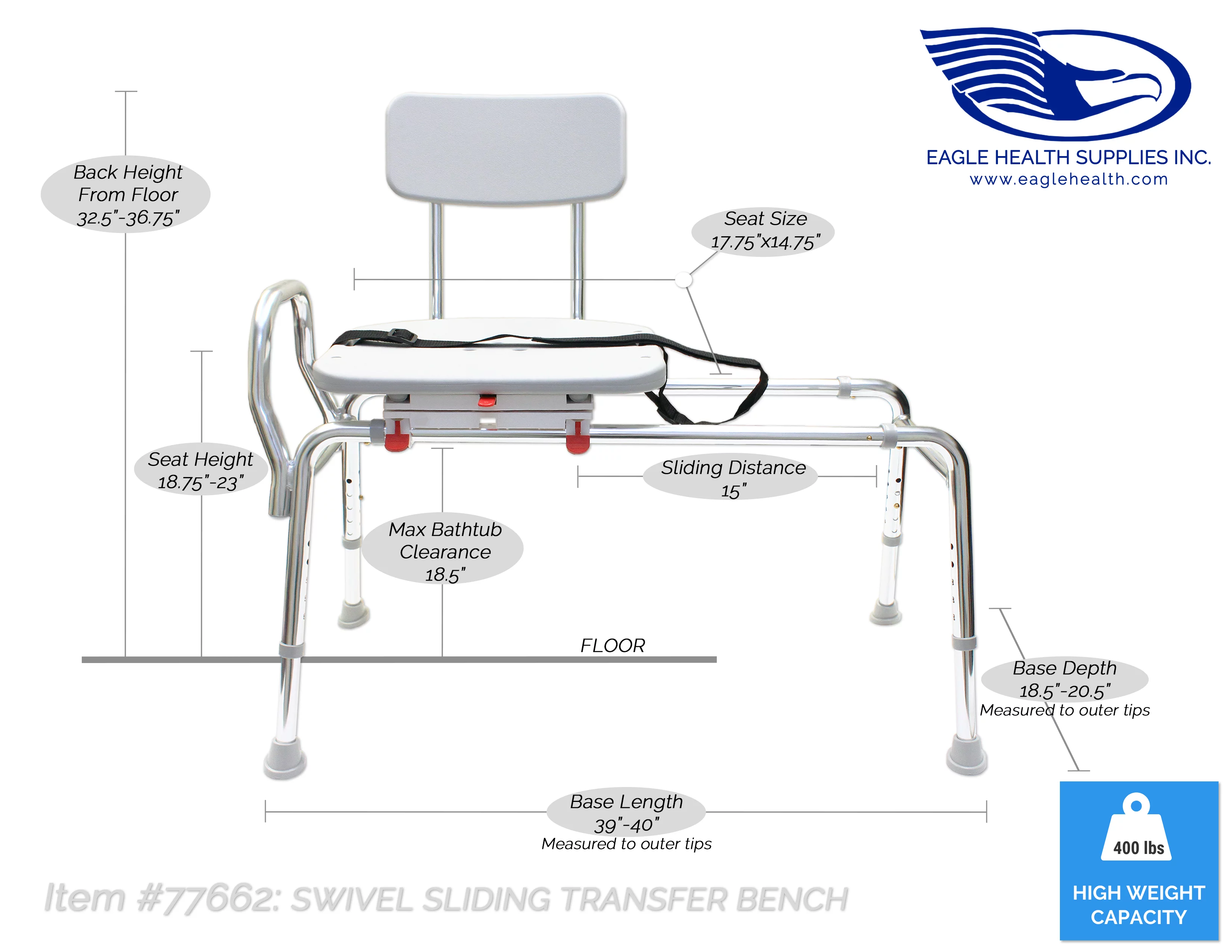 Eagle Health Supplies Swivel Sliding Bath Transfer Bench (77662) - Regular (Base Length: 39