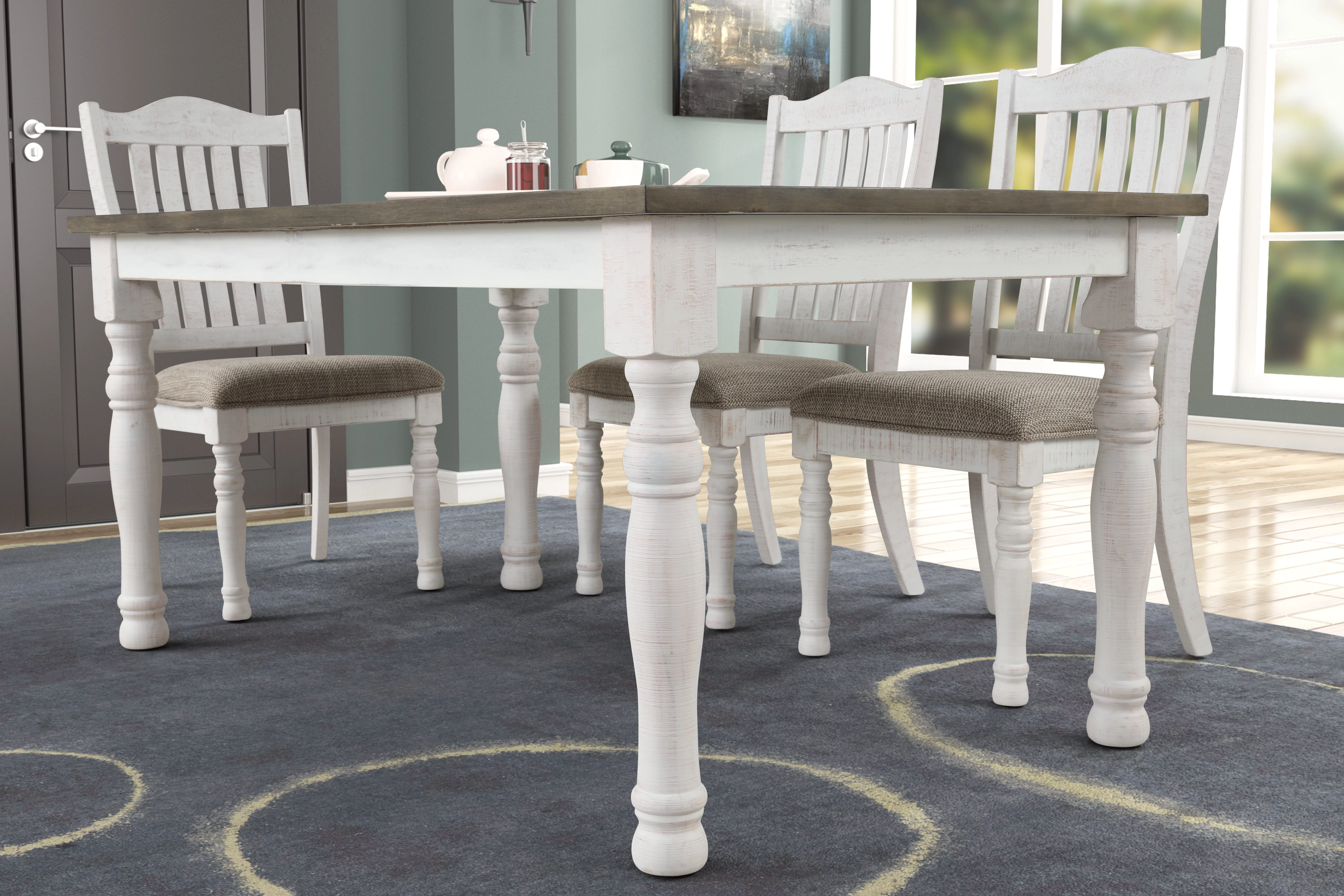 Roundhill Furniture Ebret Farmhouse 5-Piece Two-tone Distressed Dining Set, Brown and White